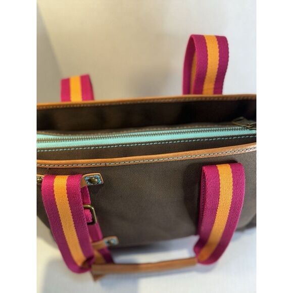 GAP 1969 Heavy Duty Brown Canvas Handbag Leather Trim Orange and Pink Stripes - Picture 6 of 16